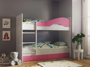 Кровать 2-х ярусная Мая с ящиками на латофлексах белый-розовый