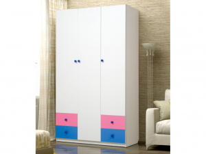 Шкаф трехдверный с ящиками Радуга розовый/синий